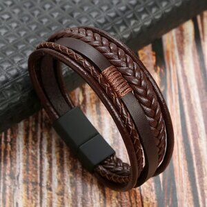 3/$35 Men's Brown Multi-Layer Braided Leather Bracelet Magnetic Clasp Urban Bike